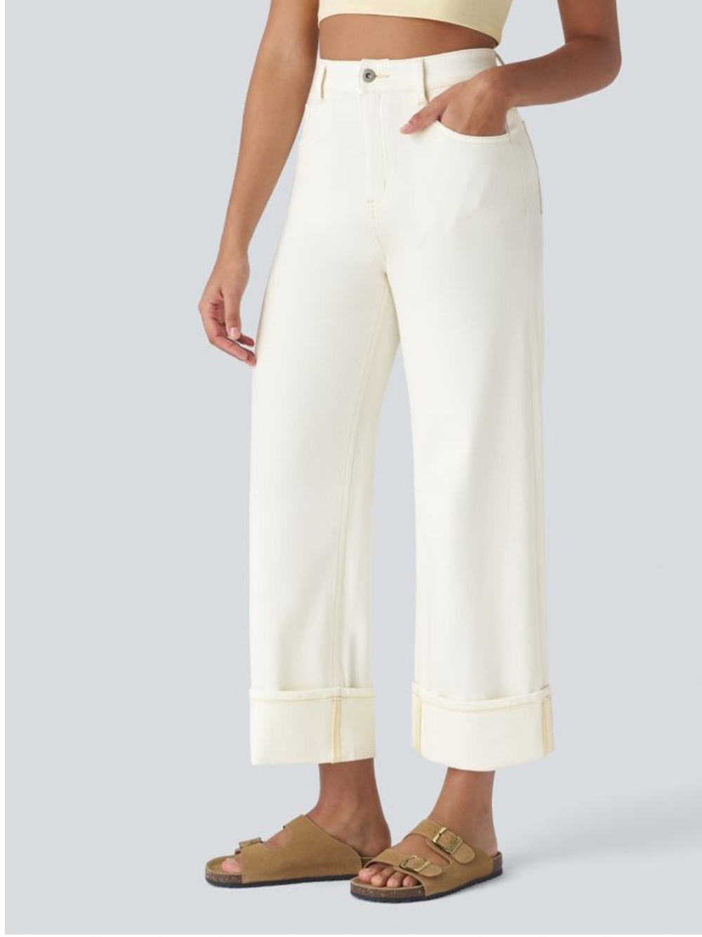 HALARA High-Rise Wide Leg Cropped Pants in Cream- size L Tall